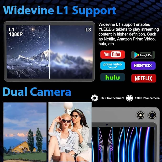 10 Inch Android 15 Tablet with Keyboard, 26GB RAM+256GB ROM(2TB Expand), 2-in-1 Tablet with 8000mAh Battery, 2.4G/5G WiFi, Widevine L1, Dual Camera, Split Screen, Mouse, Stylus, Case(Silver Case)