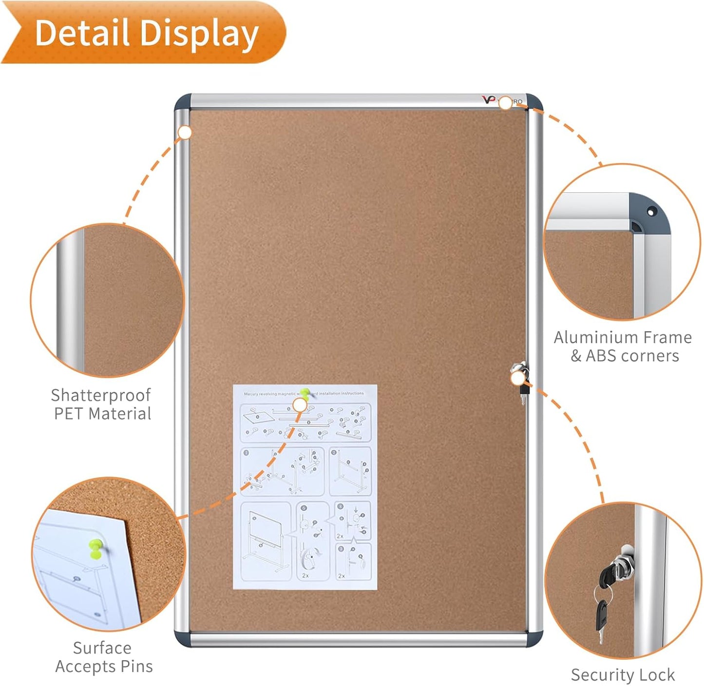 VIZ-PRO Tamperproof Lockable Cork Noticeboard Class 1 Aluminium Framed 36x24 Inches