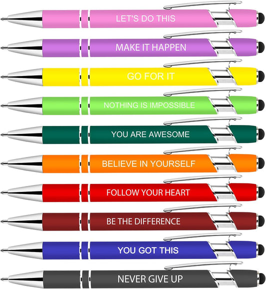 10 Pcs Inspirational Pens Bulk - Motivational Ink Ballpoint Pen with Quotes Stylus Tip Nurse Gifts for School Coworkers Office Supplies Black Ink