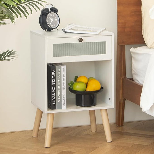 AWASEN White Night Stand, Modern Bedside Table with Glass Storage Drawer and Large Open Shelf, Wood Nightstand Side End Table with Solid Wood Legs for Bedroom, and Small Space, White