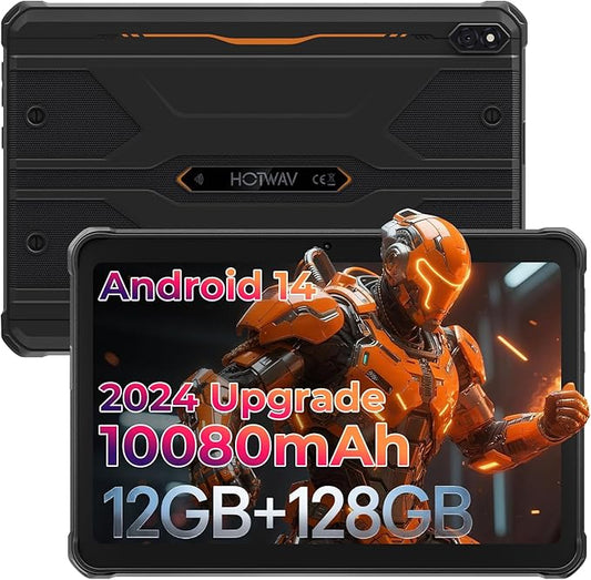 HOTWAV R8 Rugged Tablet 2024 Android 14, 10.1 inch HD+ Waterproof Tablet, 12GB+128GB/1TB TF 10800mAh, 13MP+5MP Camera Outdoor Tablets, Unisoc T606/Octa-Core/4G Dual SIM/5G WiFi/IP68&IP69K/Face ID/OTG