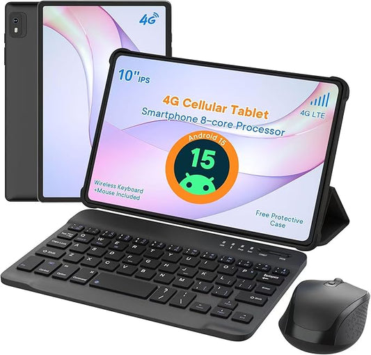 HAOVM 10 Inch Android 15 Tablet, Unlocked 4G LTE Tablet with SIM Slot, 12GB RAM + 64GB Storage (Expandable to 2TB), Helio G80 Octa-Core, Dual-Band Wi-Fi, BT 5.0, GPS, with Keyboard, Mouse and Case
