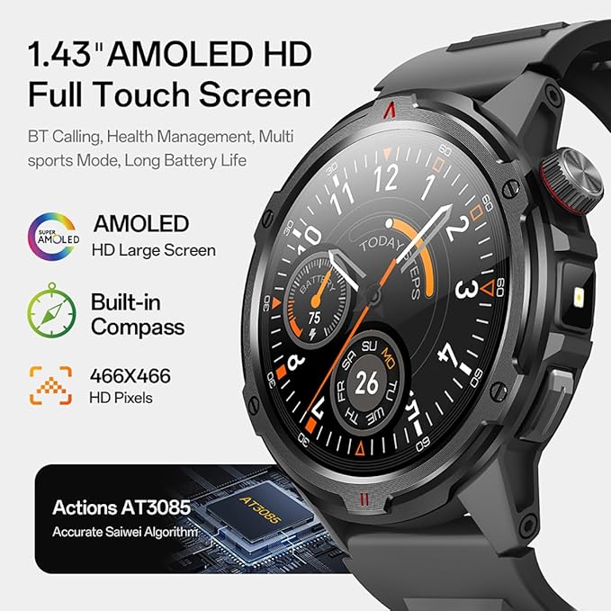 AOLON Smart Watch for Men (Answer/Make Call with 1.43'' AMOLED Display, IP68 Waterproof, 30+ Days Battery Life with100+Sport Modes Fitness Watch, Compass, Heart Rate, SPO₂ & Sleep Monitor（Black）