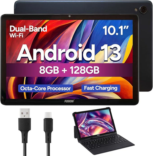 Fusion5 10.1" Android Tablet with Keyboard - Octa-core CPU, Android 13, 8GB RAM 128GB Storage, Full HD, 10 Inch, Touchscreen, Dual-Band WiFi, Dual Cameras, USB Type C, Fast Charging, Slim & Stylish