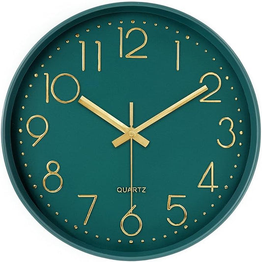Modern Silent Wall Clock, 12 Inch Wall Clocks Battery Operated Large Number, Non-Ticking Analog Clock with Tempered Glass Quartz Clocks for Living Room Bedroom Office Kitchen, Dark Green