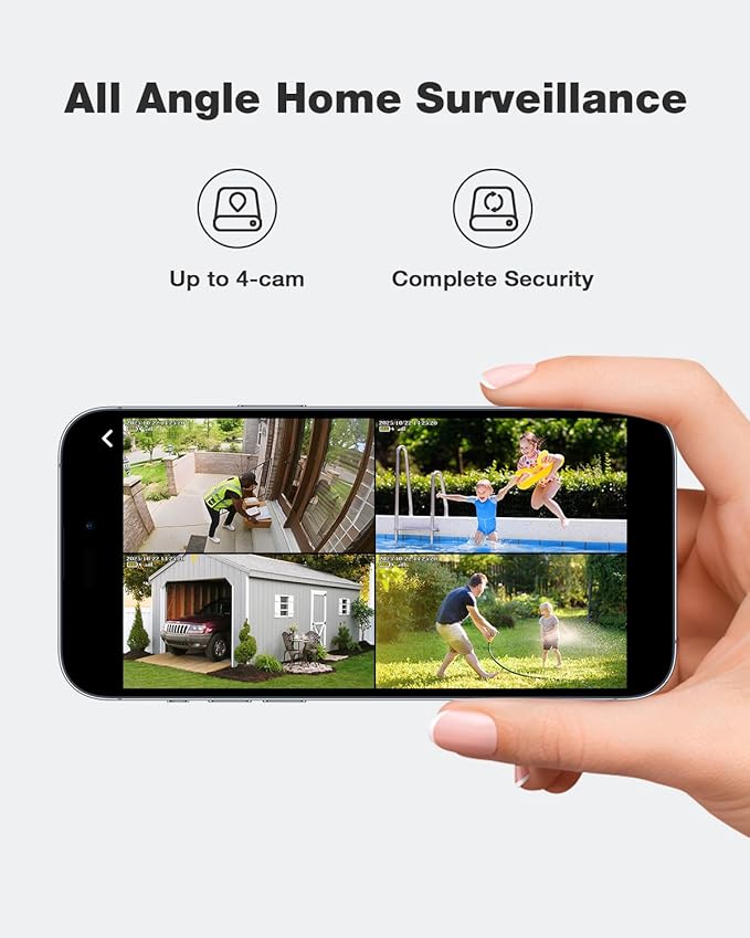 SEHMUA Security Cameras Wireless Outdoor-4-cam kit, No Monthly Fee, Solar Powered, Colorful Night Vision, 360° PTZ, 4MP Live View, Centralized Control, 2.4G&5G Router Compatible for Security System
