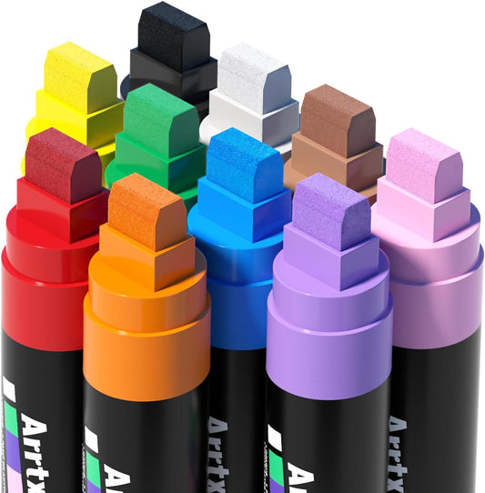 Arrtx 10-Piece Jumbo Acrylic Paint Markers, 15mm Felt Tip, Waterproof, Odorless, Non-Toxic, Multi-Surface Art Supplies for Rock Painting, DIY Crafts Making