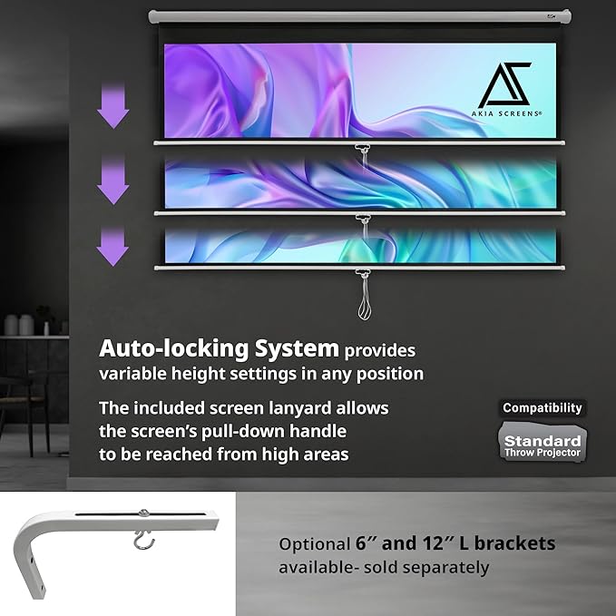 Akia Screens 100 inch Projector Screen Pull Down Manual B 16:10 8K 4K HD 3D Ceiling Wall Mount White Portable Projection Screen Retractable Auto Locking for Indoor Movie Home Theater Office AK-M100X1