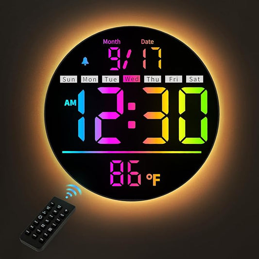 Digital Wall Clock, 8'' Round Digital Clock with Large Display, 11RGB Colors,Remote Control, Auto-Brightness,Temperature,DST,Night Light, Alarm, Count Down Timer for Classroom/Bedroom/Office