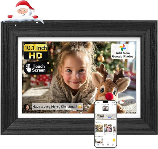 NexFoto Touchscreen Digital Picture Frame 10.1 Inch 64GB, WiFi Photo Frame Electronic, Add Pics from Google Photos, Easy to Share Videos via App/USB/Micro SD, for Christmas/Mom/Birthday, Black Wood