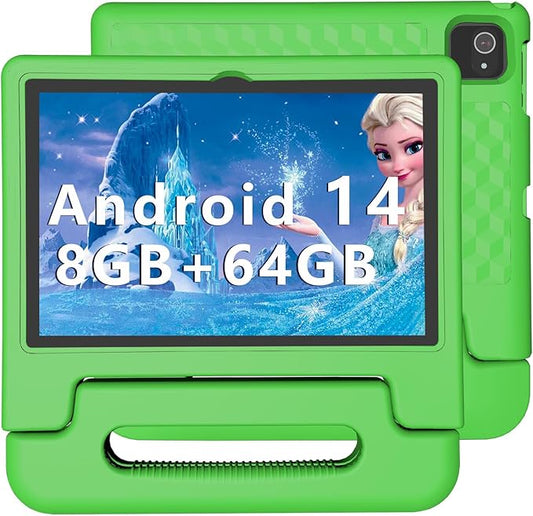 Kids Tablet, 10 inch Android 14 Tablet for Kids, 8GB RAM 64GB ROM Octa-Core Fast-Charging Battery Toddler Tablets with Shockproof Case, Bluetooth, WiFi, Parental Control, Dual Camera, GPS