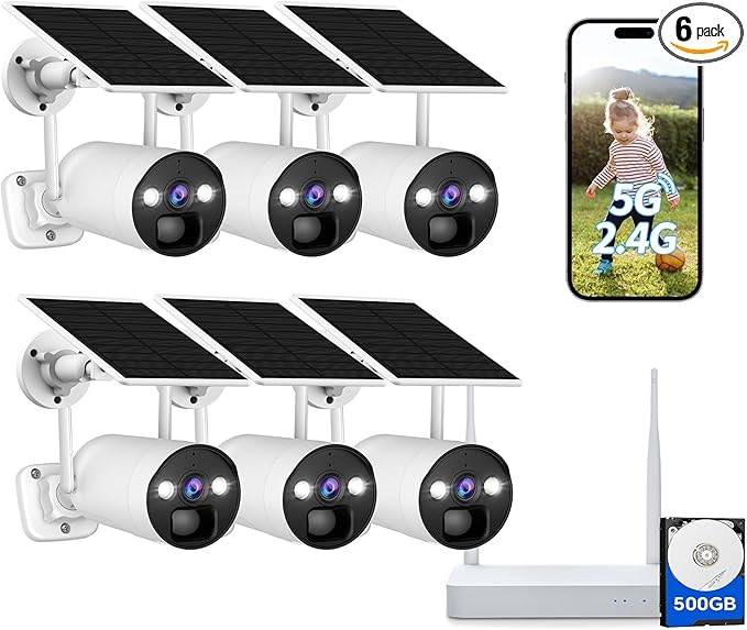CAMCAMP Solar Security Cameras Wireless Outdoor, Home Security Camera System, 4MP Solar-Powered 6 Cam-Kit, 10CH NVR w/ 500GB HDD, 2.4G& 5G WiFi, Color Night Vision, Motion Detection, 2-Way Audio, IP66