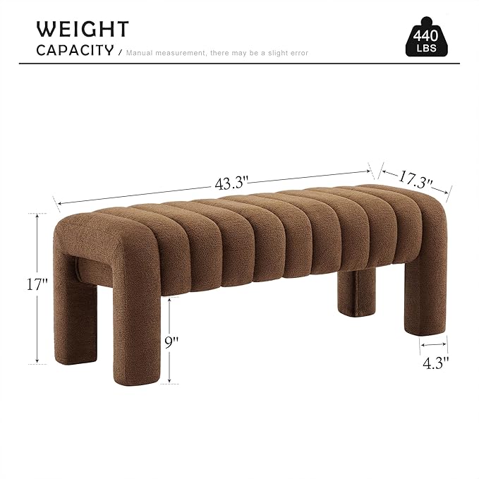 43.3" Bedroom Bench, Upholstered Entryway Bench, Modern End of Bed Ottoman with Solid Wood Legs and Adjustable Foot Pegs for Entryway, Dining Room and Living Room (Brown Boucle)