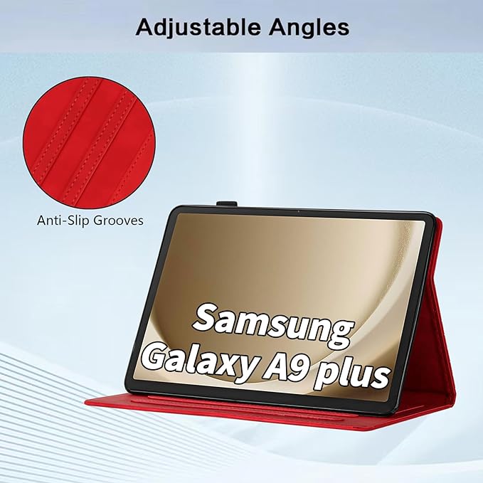 Case for Samsung Galaxy Tab A9 Plus/A9+ 5G 11 Inch 2023 Model (SM-X210/X216/X218), Multi-Angle Viewing Smart Stand with Pocket Auto Wake/Sleep PU Leather Tablet Cases Flip Folio Cover Red