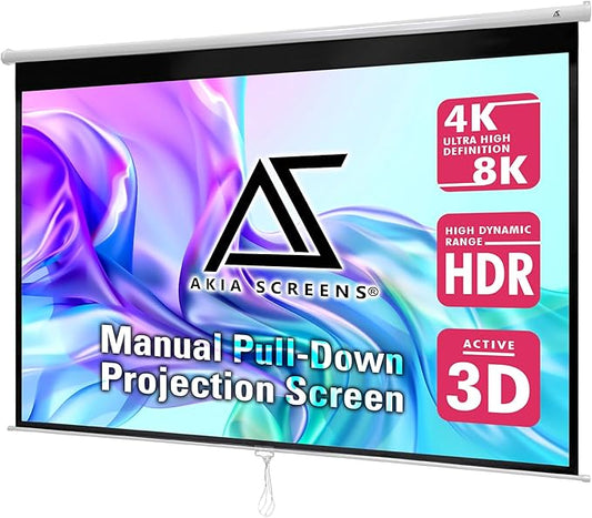 Akia Screens 110 inch Pull Down Projector Screen Manual B 16:9 8K 4K HD 3D Ceiling Wall Mount White Portable Projection Screen Retractable Auto Locking for Indoor Movie Home Theater Office AK-M110H1