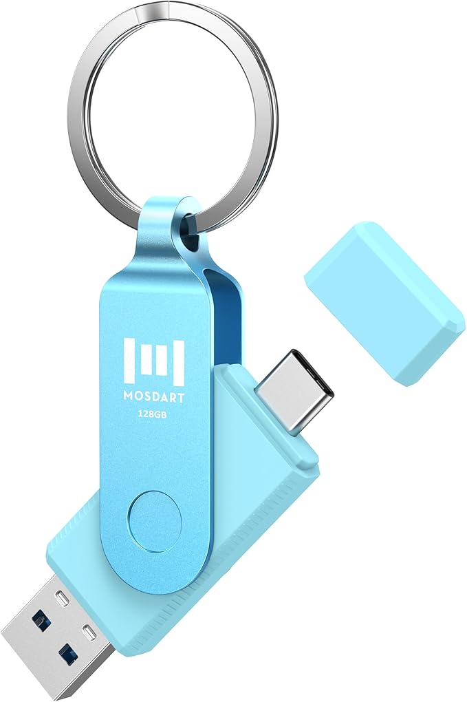 MOSDART 128GB USB3.1 Fast Speed C and A Dual Flash Drive, exFAT Memory Stick with Keychain and LED Indicator, for iPhone 15,16,17, Android Phone, iPad, MacBook, and Other Laptops, Sky Blue