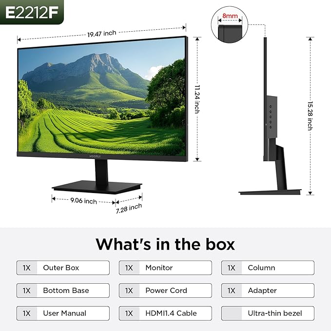 KOORUI 22 Inch Computer Monitor Full HD 1080P 100Hz PC Gaming Screen VA Panel Ultra-Slim Display 3000:1 Contrast Ratio with Adpitive Sync (HDMI/VGA/VESA Compatible 100x100mm/Audio Out), Tilt, Black