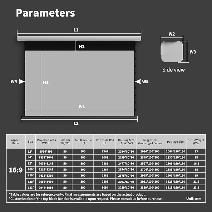 QuadraArc Motorized Drop Down Projector Screen 16:9 Gray Fabric, Wall & Ceiling Mount, Electric Pull Down Screen with Remote Control, Compatible with All Projectors 100"