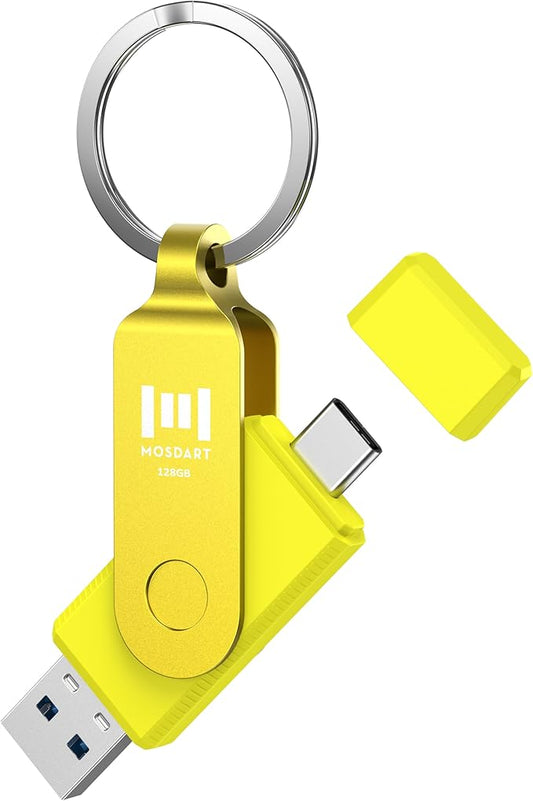 MOSDART 128GB USB3.1 Fast Speed C and A Dual Flash Drive, exFAT Memory Stick with Keychain and LED Indicator, for iPhone 15,16, 17, Android Phone, iPad, MacBook, and Other Laptops,Yellow