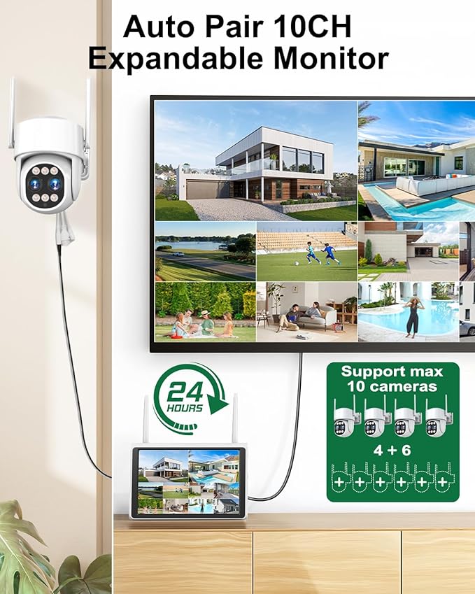 4K Security Camera System Wireless, Dual Lens 4MP+4MP 10X Zoom 2.4G/5G PTZ Cameras for Outdoor Home Security, Auto Tracking, 10” Monitor NVR Pre-Installed with 1TB HDD, 24/7 Record