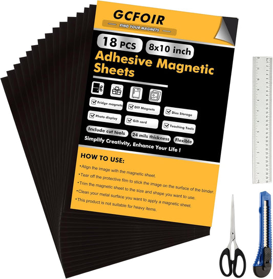 Adhesive Magnetic Sheets 8 x 10 Inch, 18 Packs Magnetic Sheets with Adhesive Backing - 0.5mm Thickness Flexible Magnet Sheets for Dies Storage, Craft Projects, Photos, School, Office