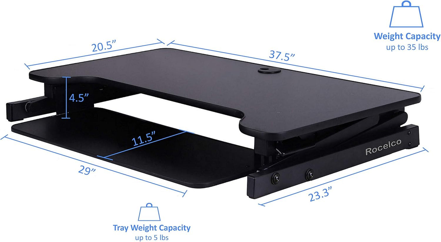 Rocelco 37.5" Deluxe Height Adjustable Standing Desk Converter with Anti Fatigue Mat BUNDLE - Quick Sit Stand Up Computer Workstation Riser - Large Retractable Keyboard Tray - Black (R DADRB-MAFM)