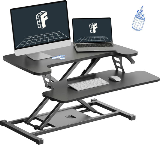 FLEXISPOT Standing Desk Converter 28" Wide Height Adjustable Sit Stand Riser, Small Size Desktop Workstation with Keyboard Tray for Home and Office, Black