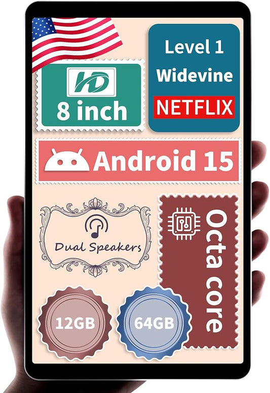 HAOVM 【2025 Android 15 Tablet M8 Tablet 8 inch，8 core CPU, 12GB+64GB，2TB Expandable, HD IPS Display, Wi-Fi 6, BT5.4, 5MP+8MP Camera, 5100mAh Large Battery, Widevine L1, Black