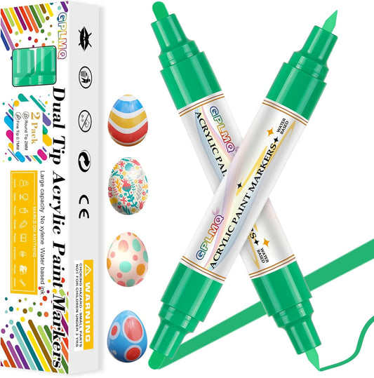 Paint Markers Paint Pens - 2 Pack Dual Tip Acrylic Permanent Marker (0.7mm & 3mm), Non-Toxic, Water-Based for Art Painting, Stone, Ceramic, Glass, Wood, Fabric, Metal, DIY Crafts (Green)