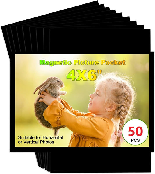 Black Magnetic Picture Frame 4X6 for Refrigerator-50 Pack,Black Photo Magnets Sleeves,Bulk Holders for Classroom
