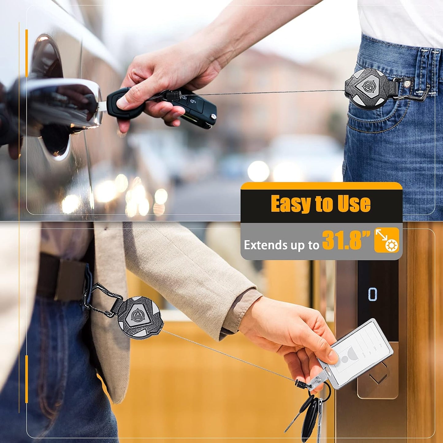 Oaridey 4 Pack Retractable Keychain Heavy Duty, Badge Reels Retractable, Tactical ID Badge Holder with Upgraded Zinc Alloy Carabiner, 31.5'' Coated Steel Cord, Bearing 8.0 oz