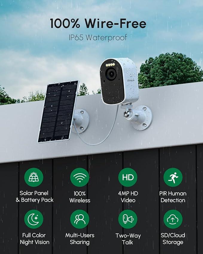 Wireless Solar Security Camera 2K/4MP, Battery Powered with Solar Panel, 5GHz & 2.4GHz WiFi, Color Night Vision, Motion Alerts, Spotlight Alarm, APP Remote, Works as Extra Camera for 4CH Kit