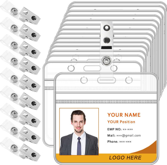 25 Pcs Badge Holders with Clip Thick Clear Name Tag Badge Holders Plastic Horizontal ID Card Holder with Waterproof Resealable Zip