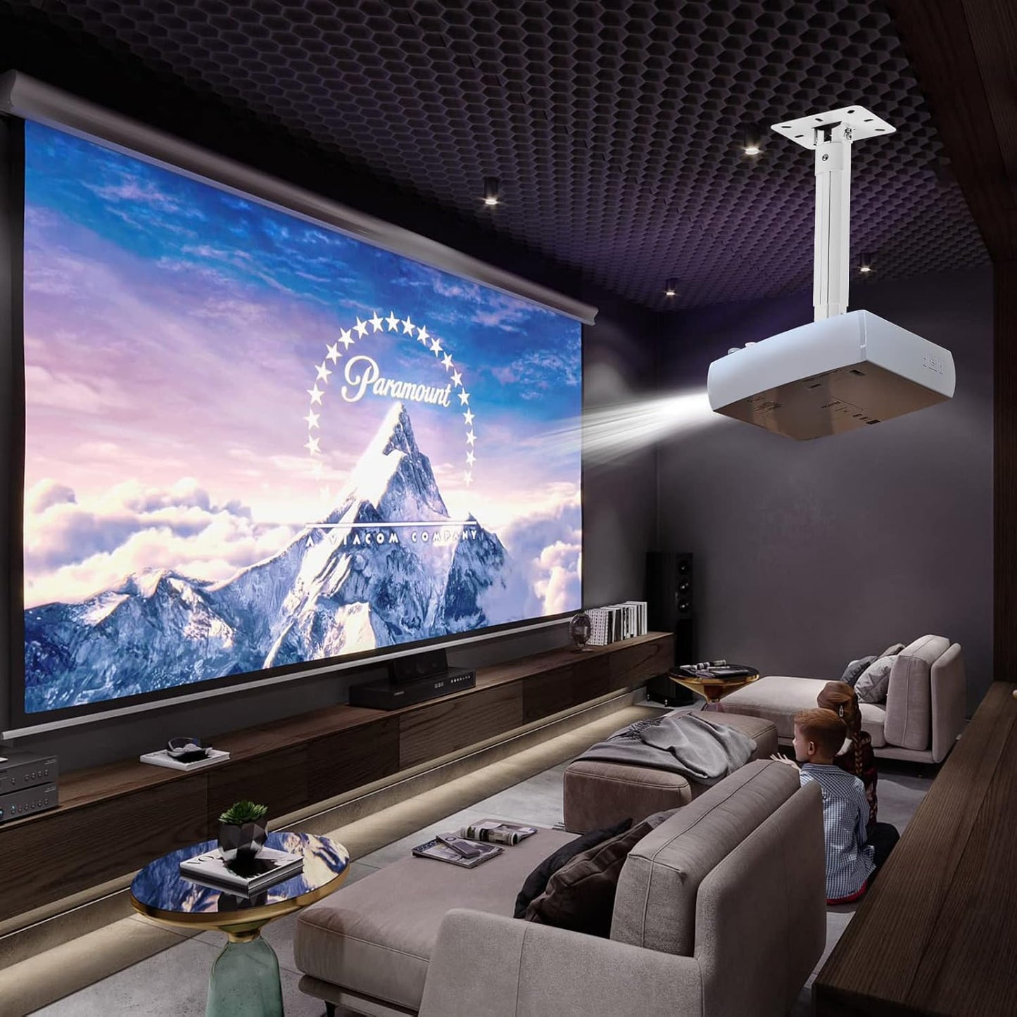 suptek White Projector Ceiling Mount Bracket Fits Flat or Sloped Ceiling Height Adjustable with Extendable Length for LCD/DLP Projectors (PR05)