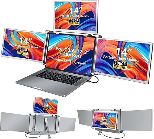 MNN 14 Inch Laptop Screen Extender,FHD 1080P IPS Portable Quad Monitor for 13.6-17.3" Laptops Foldable Monitor，One Cable for Three Displays, Extender Compatible with Wins/Mac(M1 M2 M3)