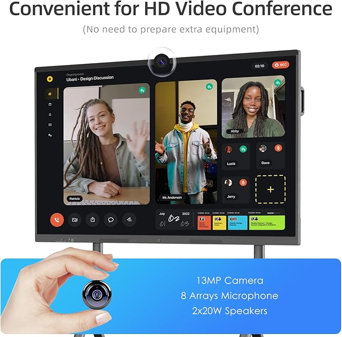 75" Smart Board for Business, Large Interactive Whiteboard with Multi-Touch, 4K Electronic Board with Screen Sharing, Bluetooth/WiFi/HDMI, Camera & Mic, Android 13,8+128G (Wall Mount Included)