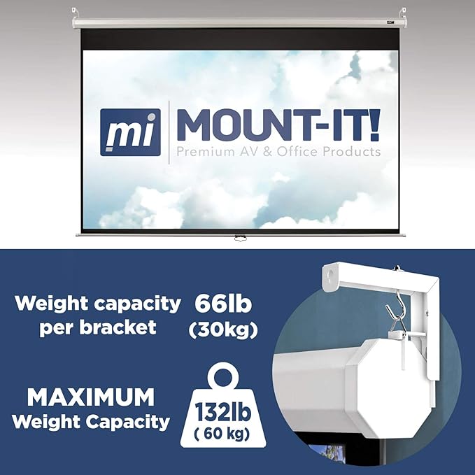 Mount-It! Projector Screen Wall Mount L-Brackets - Wall Hanging Bracket For Home Projector and Movie Screens, 6 inch Adjustable Mounting Hooks for Projection Screen, 1 Pair, White, 66 Lb Capacity Each