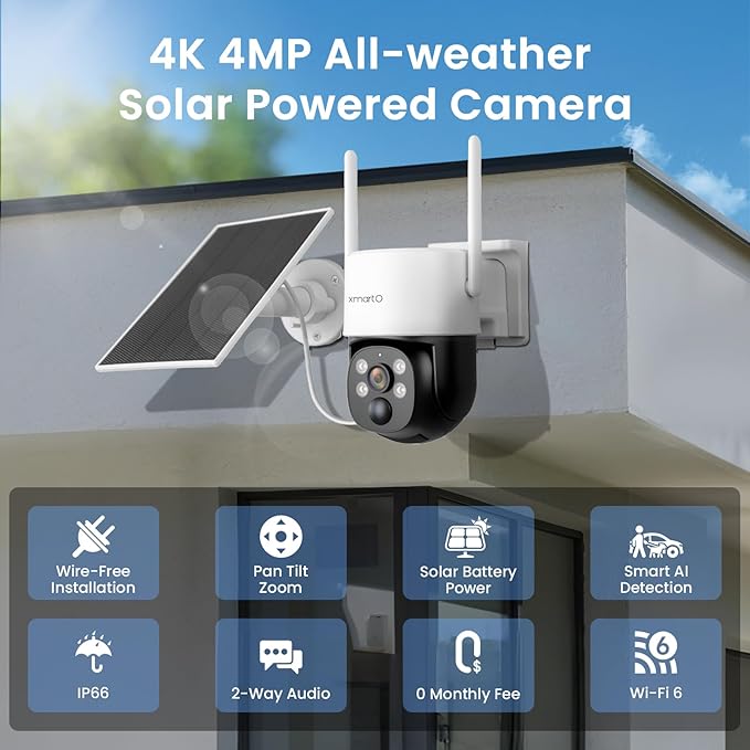 xmartO Wire-Free PTZ Solar Home Security Camera System Wireless, 12-Set 2K 4MP QHD CCTV Camera Kit with 4k 16CH Expandable Wi-Fi 6 NVR, All-Weather Solar Charge
