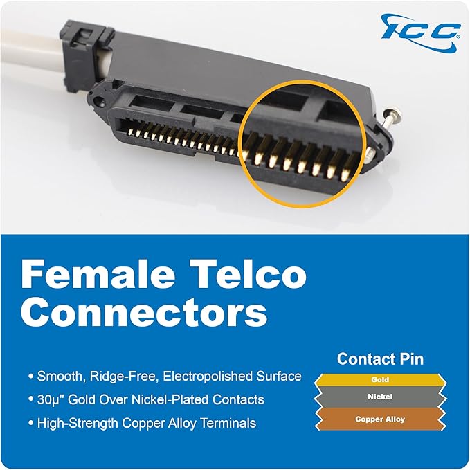 ICC Female to Open End 25-Pair Telco Cable 5ft - Cat3 24AWG, 100% Solid Pure Copper, Gray Riser CMR Cable with 90-Degree 50-Pin Telco Connector for Voice and Low Data PBX Applications, 5 Feet