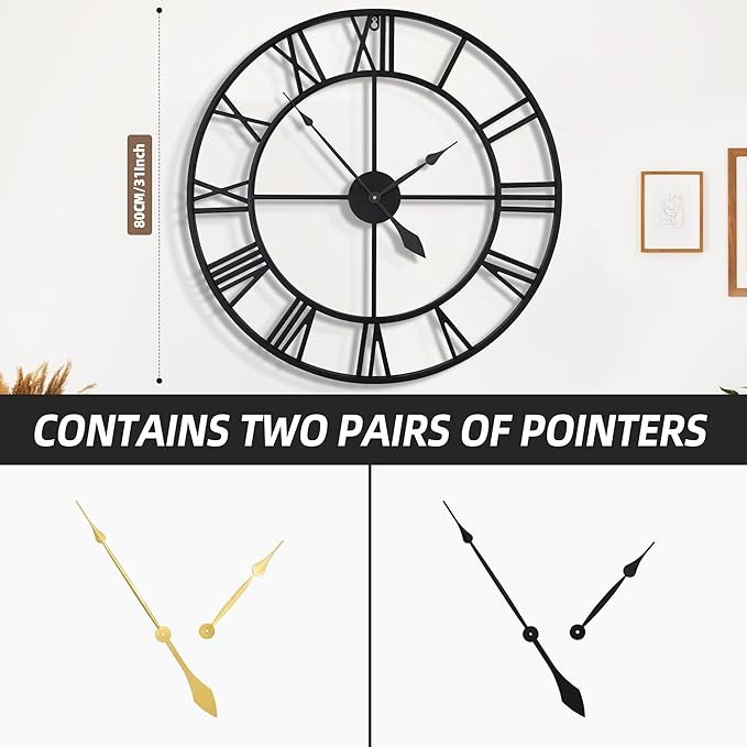 Large Wall Clocks for Living Room Decor, 32 Inch Round Black Metal Silent Non Ticking Battery Operated Jumbo Numerals Modern Vintage Decorative Clock Wall for Bedroom,Kitchen,Office,Farmhouse