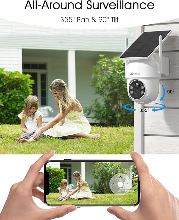ANRAN Solar Security Cameras Wireless Outdoor,2K Cameras for Home Security with Fixed Solar Panel, 360° PTZ for Home Surveillance,2.4G WiFi, PIR Human Detection, 3MP Color Night Vision, 2 Pack