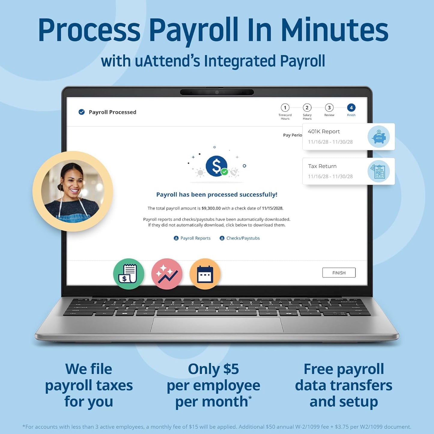 uAttend JR2000 Biometric Fingerprint, RFID, PIN Time Clock for Small Business – Cloud-Based Attendance System with Optional Payroll Integration – All-in-One System