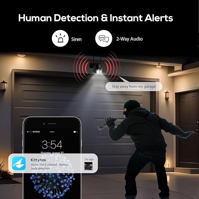 Kittyhok Solar Powered Security Camera System | 4pcs Bullet Solar Camera, 4pcs PT Solar Security Camera Outdoor, Solar Power, Human Detection, Spotlight, 10CH NVR, Local Storage, No Monthly Fees