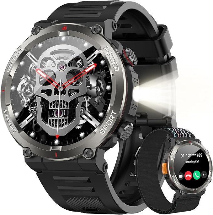 IOWODO Military Smart Watch for Men -100-Day Long Battery Life,Fitness Tracker with LED Flashlight/Compass,Heart Rate Monitor,120+ Sports Modes,IP68 Waterproof,Bluetooth Call Smartwatch for iOSAndroid