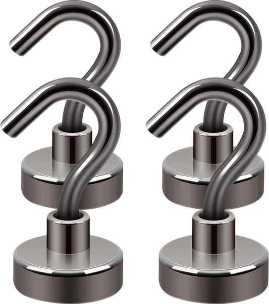 Neosmuk Magnetic Hooks,30lb Heavy Duty Earth Magnets with Hook for Refrigerator, Extra Strong Cruise Hook for Hanging, Magnetic Hanger for Cabins, Grill (Gunblack, Pack of 4)