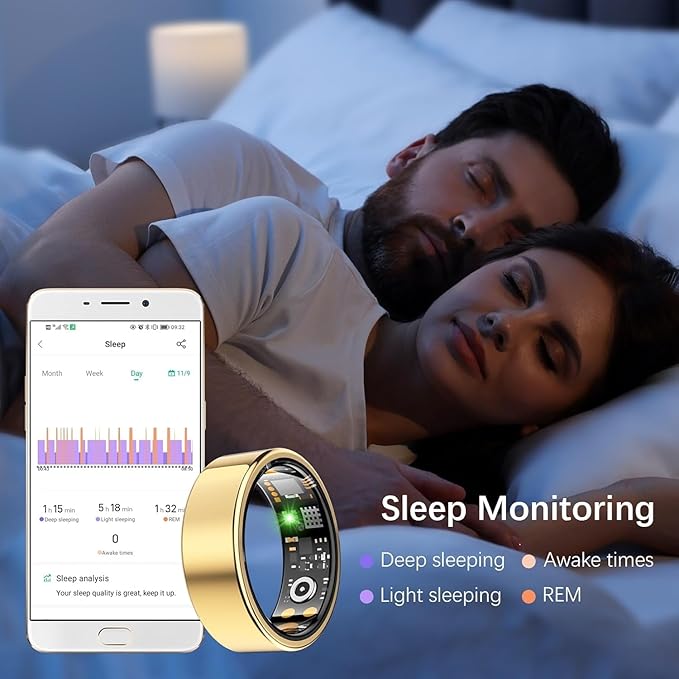 Health Tracker Ring, Smart Health Ring for Women Men with Heart Rate, Blood Oxygen, Sleep Monitor, Steps,Calories, No Subscription Fee, IP68 Waterproof Smart Ring for iPhone & Android (Gold, 12#)