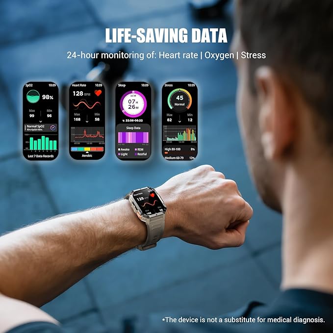 Military Smart Watch for Men (Answer/Make Calls), 2.01" Fitness Watch Tracker with 100-Day Battery/Flashlight/Compass/Heart Rate/120+ Sports Modes/IP68 Waterproof Smartwatch for iOS Android(2 Straps)