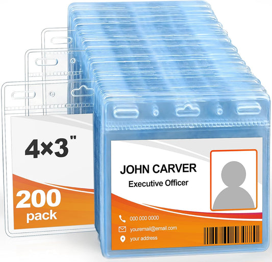 200 Pcs Card Protector ID Name Badge Holder 4 x 3 Inches Clear Plastic Horizontal No Zipper ID Card Holder