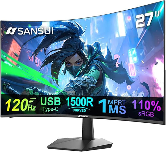 SANSUI Curved Monitor 27 inch 120Hz USB Type-C Computer Monitor with Speakers Built in丨FHD 1080p丨HDR丨110% sRGB丨1500R丨VESA Compatible,for Tablet,Desktop,Laptop and PC Work Gaming