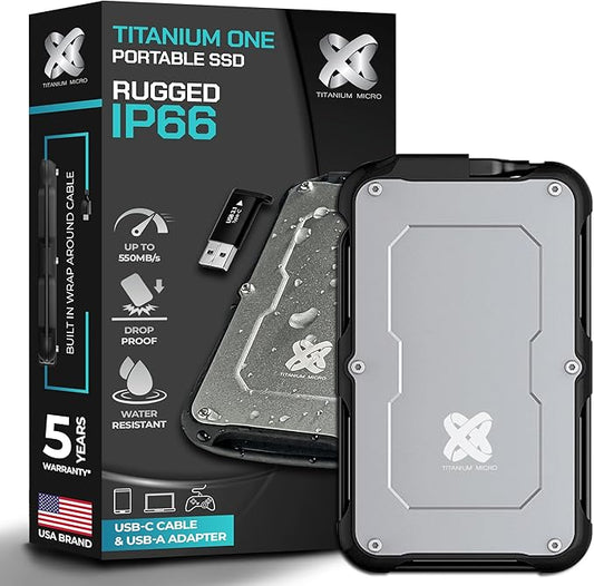 Titanium Micro 500GB External SSD, Titanium One Portable SSD - Up to 550MB/s, USB 3.2 Gen 2 USB-C USBA, Rugged IP66 Water Drop Resistance, External Solid State Drive Storage for PC Mac Smartphone